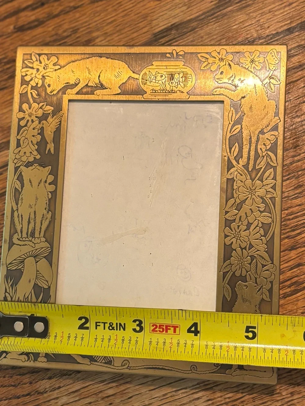 Vintage Brass Cat Art Nouveau Photo Frame MW Carr & Co Embossed 5” x 6” Stamped